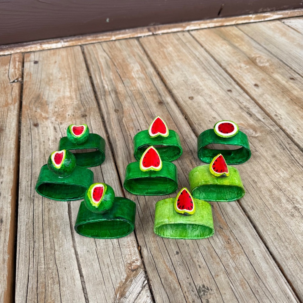 Handmade Watermelon Napkin Rings Set of 8 Green Red Summer Fruit Decor